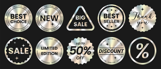 Set of foil sticker template, label, mockup with metallic holographic effect. Shiny rainbow emblem Limited Edition, New, 50% off, Best Offer, seller, discount, big sale. Vector illustration EPS10
