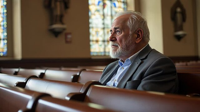  Elderly man wearing a suit sitting in a church pew looking out the window creating a contemplative and introspective scene
