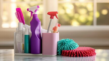 A neatly arranged cleaning caddy placed on a white marble countertop, holding color-coded cleaning tools--a pink duster, purple cleaning spray, teal scrubbing pad, and red mop head.