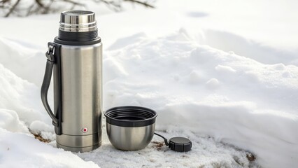 Stainless Steel Thermos and Cup on Snow
