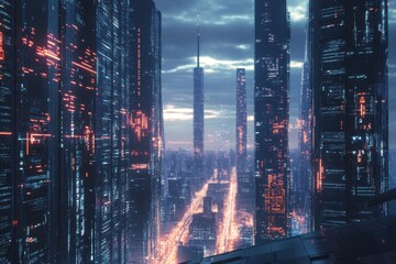 Fototapeta premium Exploring data privacy in a futuristic cityscape urban environment digital art high-tech skyline nighttime view concept of secure data flows