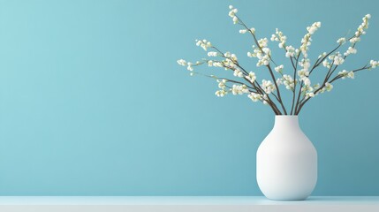 A minimalist vase with blossoming branches against a serene blue wall, creating a tranquil atmosphere