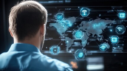 Analyzing global connectivity trends modern office digital interface tech environment user perspective data visualization