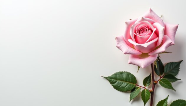 op-view of pink rose on white background with space for text.