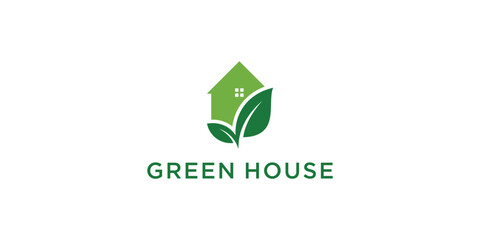 Green house logo icon with leaf