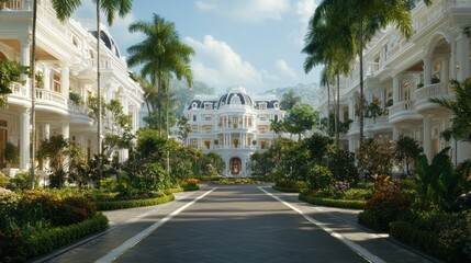 Luxury tropical resort avenue lined with elegant white villas and lush greenery, leading to a grand central building.