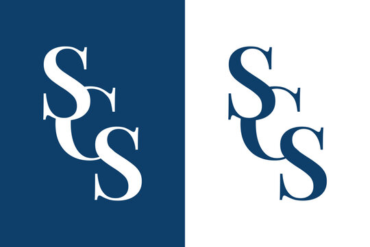 The image shows a flat monogram logo design of an initial letter SCS in serif font in white color that looks bold and sharp on a blue background