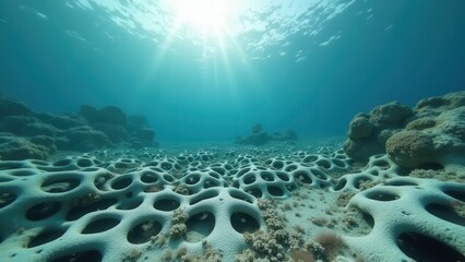 Naklejka premium Underwater coral reef with porous coral structures and sunlight filtering in 