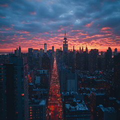 Naklejka premium A vibrant city skyline at sunset, with buildings glowing in shades of orange and pink