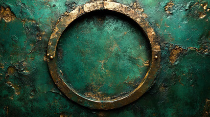Aged green metal surface with a weathered circular brass frame