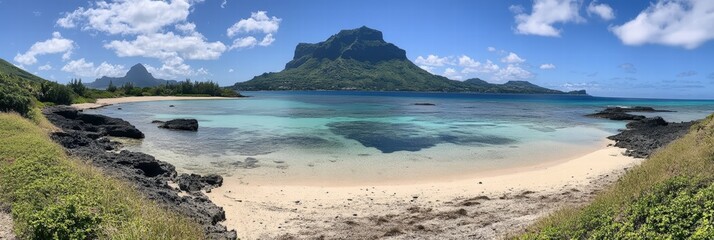 Secluded tropical beach, clear water, mountain backdrop, travel postcard