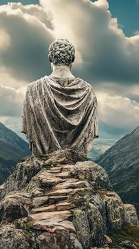 Majestic statue overlooking mountains and valleys under a dramatic sky in a remote landscape