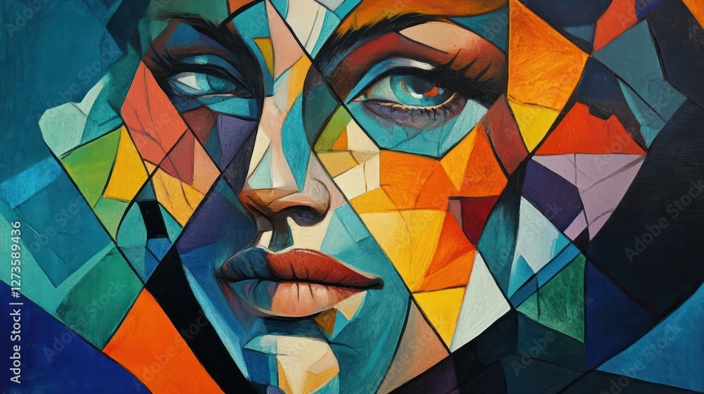 Poster abstract face portrait constructed from geometric shapes and colors