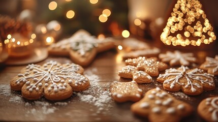Christmas cookies being decorated with holographic icing, cozy kitchen setting, warm light, photorealistic