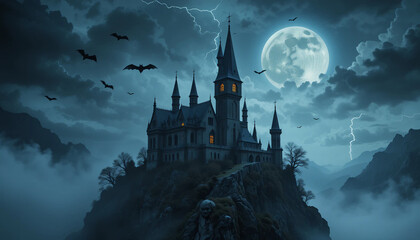 Dark Mysterious Fortress with Fog and Lightning