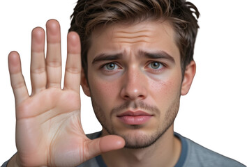Fototapeta premium Young Man Showing Stop Sign Close up Portrait Serious Expression Hand Gesture