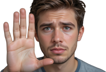 Young Man Showing Stop Sign Close up Portrait Serious Expression Hand Gesture