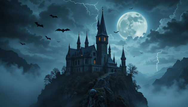 Dark Mysterious Fortress with Fog and Lightning