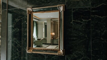 Rectangular Mirror on Dark Marble Wall
