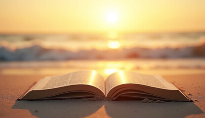 Open book on sandy beach at sunset, celebrating World Book Day