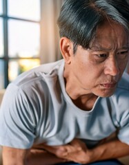 Fototapeta premium 明るい部屋で、腹部に不快感を感じている男性のシーン