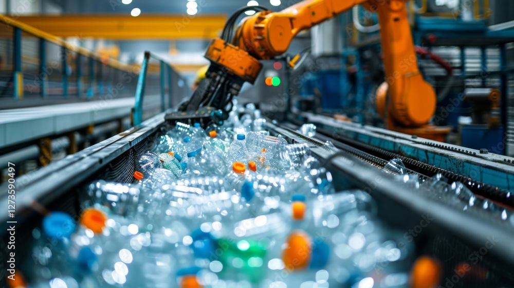 Aufkleber a robotic arm actively sorts plastic bottles on a conveyor belt inside a recycling facility, showcas