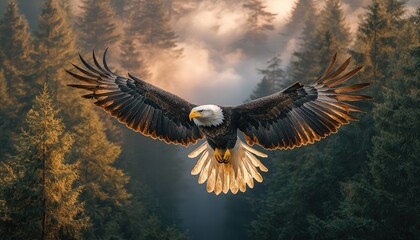 Obraz premium Majestic Bald Eagle Soaring Through Misty Forest