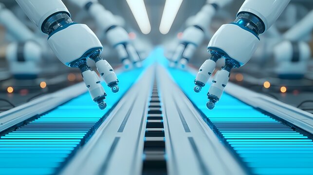 A futuristic assembly line featuring robotic arms working in unison, highlighting advanced automation technology in a sleek, industrial environment.