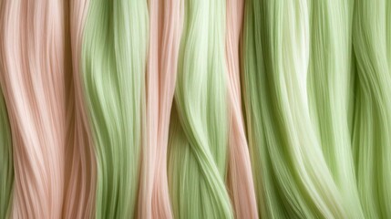 Fototapeta premium Abstract background features flowing vertical folds of soft pastel pink and pale green fabric ideal for textile marketing or wallpaper.