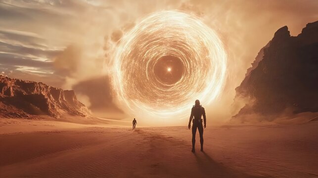 A stunning sci-fi scene depicting two figures walking towards a massive glowing portal in a desert landscape, dramatic lighting enhances the ethereal