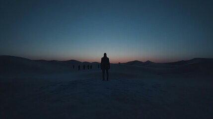 A solitary figure stands against the dusk sky in a vast desert landscape, evoking feelings of solitude and exploration. Scenic and tranquil.