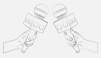 Line art illustration of hands holding microphones. microphone with a news box sign.