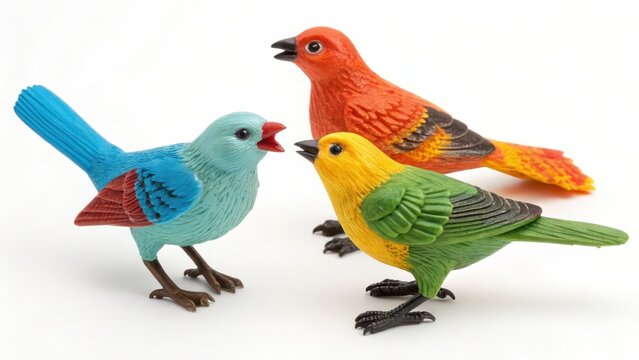 Three Colorful Toy Birds on White Background
