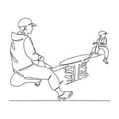 One continuous single drawing line art flat doodle mother, son, swinging, seesaw, outdoors, fun, springs, shaking. Isolated image hand draw contour on a white background, hand drawn, not AI