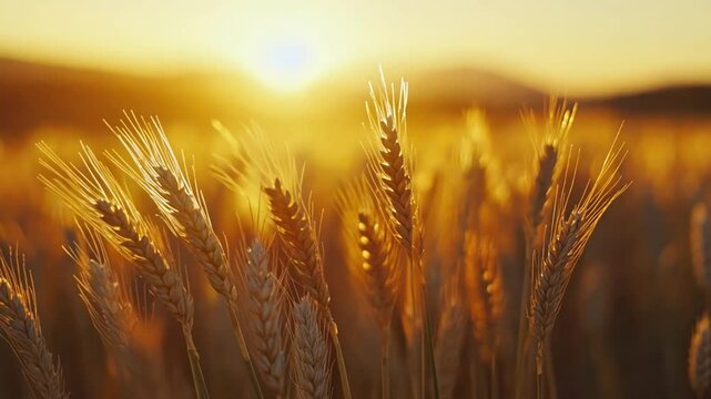 Golden Grain at Sunset: The warm embrace of a setting sun bathes a field of ripe wheat in a golden glow, capturing the essence of harvest time.