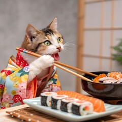 A tabby cat dressed in a kimono deftly uses chopsticks to enjoy a piece of salmon sushi.