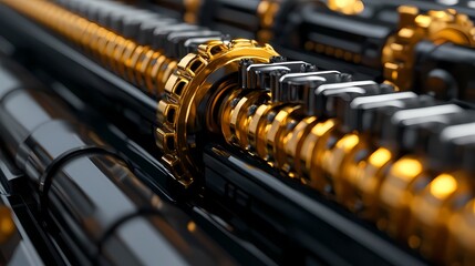 A close-up of intricate machinery, featuring a combination of black metal components and a striking gold gear, highlighting precision engineering.