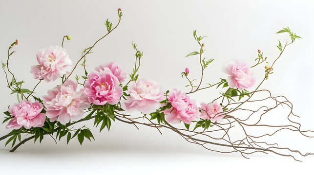A playful Ikebana composition using pink peonies and curly willow branches