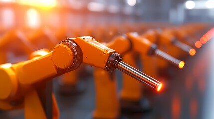 Fototapeta premium A row of industrial robotic arms with orange coloring, equipped with welding tools, highlighting automation in a manufacturing setting.
