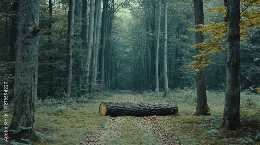 Aufkleber Fallen tree trunk blocks the path through a dense forest