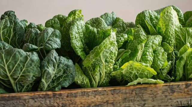 Green Bounty: Freshly harvested vibrant green leafy vegetables rest in a rustic wooden crate, ready for consumption. A visual ode to the harvest's abundance and wholesome goodness.