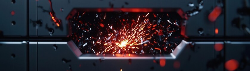 Intense explosion sparks futuristic laboratory digital art dark environment close-up view energy concept