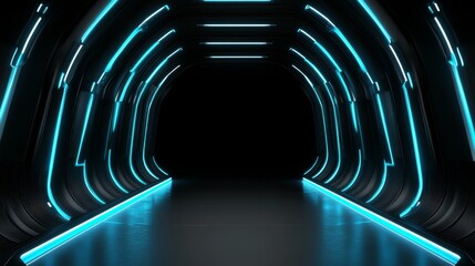 Futuristic corridor with glowing blue light leading into a dark space, ideal for sci-fi settings