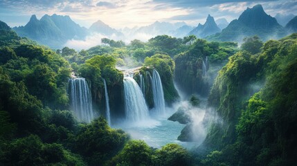 Fototapeta premium Lush green landscape showcases a cascading waterfall and majestic mountains