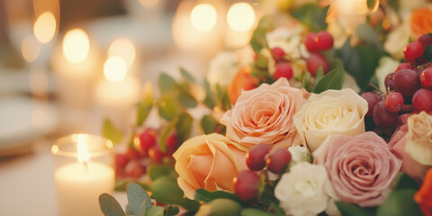 Obraz premium Elegant floral arrangement of roses and grapes with soft candlelight ambiance