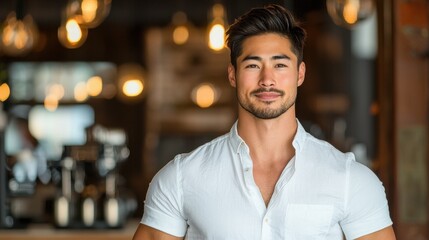 Obraz premium A confident man poses in a casual white shirt, set against a stylish, warmly lit cafe backdrop.