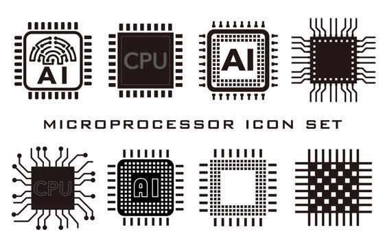 Microprocessors Monochrome Vector Icon Set Isolated On A White Background. 