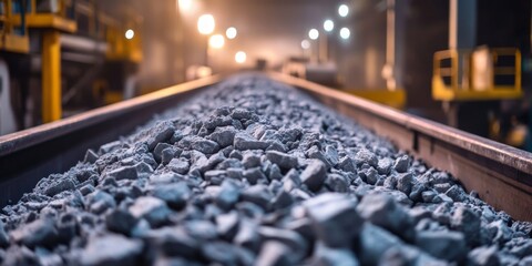 Industrial conveyor belt transporting crushed stones in quarry
