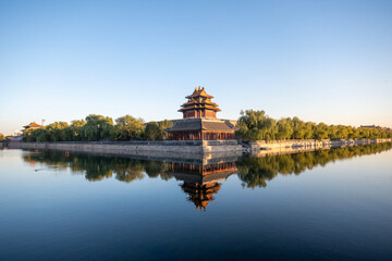 Fototapeta premium Beautiful water reflection of Forbidden City Corner Tower or Jiaolou in Beijing