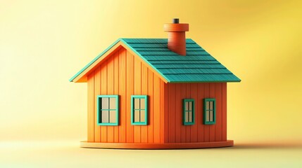 A rotating 3D wooden cottage house icon with vibrant orange wood paneling and a teal roof. 